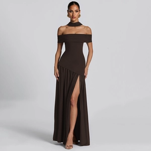 Detail of dark brown off-shoulder evening dress with high slit and neck ribbon tie