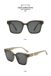 Front and side view of light coffee square sunglasses with gray lenses and gold accents