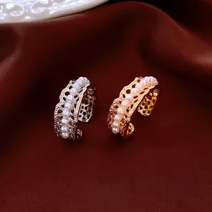 French Luxury Hollow Lace Open Ring 18K Real Gold Plated Copper Faux Artificial Pearl Row Inlay Vintage Elegant Adjustable Jewelry For Women