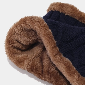 Winter cable knit hat scarf set with navy thick wool exterior and brown faux fur lining
