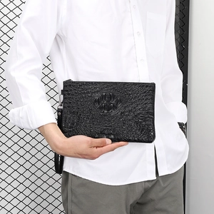 Men's black alligator texture envelope clutch bag with embossed design and wrist strap