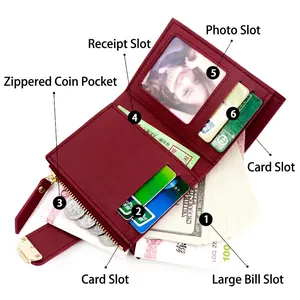 Short burgundy faux leather folding wallet for women with zipper pocket and card slots