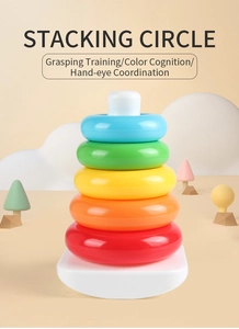 Close-up of colorful stacking circle toy for baby grasping and color cognition training