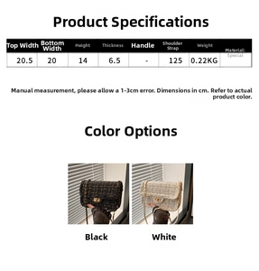 Detailed size chart for the crossbody chain bag showing dimensions and specifications