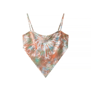 Detail of tie-dye scarf-style crop top with orange and green satin fabric textures