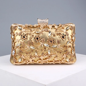 Luxury Rhinestone Evening Clutch Bag For Women Hollow Out Floral Metal Banquet Handbag Wedding Party Purse With Chain