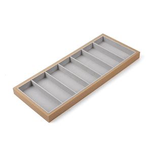 7-slot wooden eyewear display tray with grey velvet lining for sunglasses storage