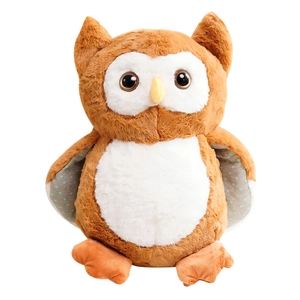 Cute brown owl plush toy with white belly and green polka dot wings on white background