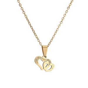 Polished gold double heart pendant necklace with rhinestones and Love engraving