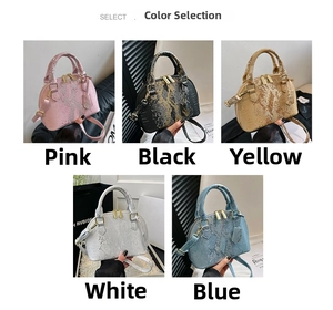 Matrix view of crocodile pattern shell bags in five colors with gold zippers and straps