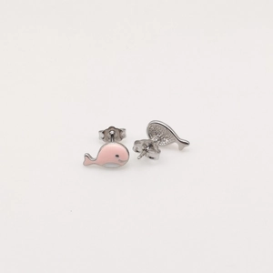 Macro detail of whale stud earrings featuring pink enamel finish on S925 silver base