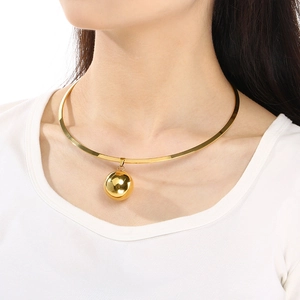18k gold plated stainless steel collar necklace with a large polished sphere pendant