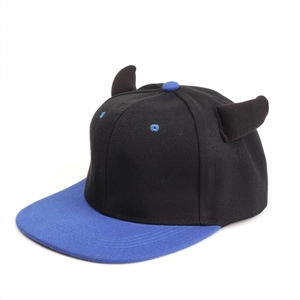 Detailed side view of a black snapback hat with blue brim and 3D devil horns