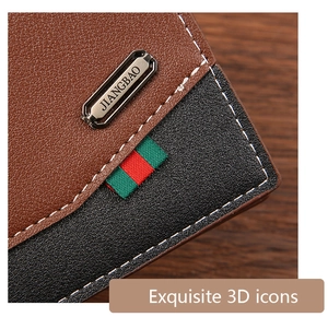 Macro detail of men's bifold leather wallet with stitching and tricolor stripe decoration