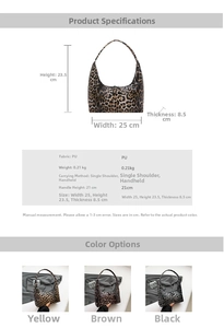 Detailed size specifications for the leopard print bucket bag with measurements in centimeters