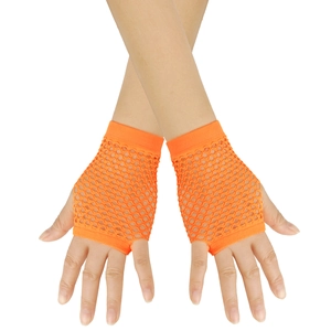 Detail of vibrant orange fishnet fingerless gloves showing elastic mesh texture