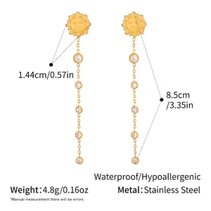 Detailed size specifications of gold sun tassel earrings with zircon insets on white