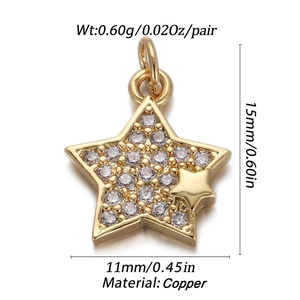 Detailed size view of gold star pendant with gems, 15mm height, made of copper