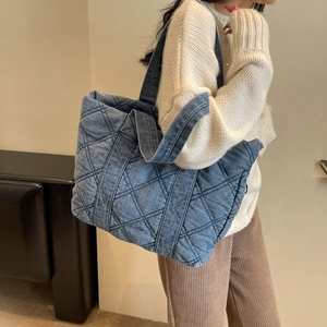 Grand Sac Fourre-tout En Denim Matelassé Motif Losanges Sac À Main Vintage Décontracté Pour Femmes Voyage Travail Shopping