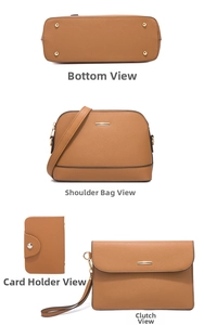 Detail view of the 4-piece set including satchel, clutch and wallet in camel crossgrain PU