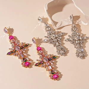 Vintage royal court style teardrop cross earrings with rhinestones for women