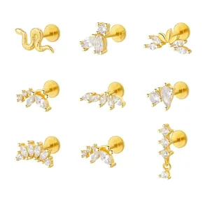 Geometric Zircon Stud Earrings With 925 Sterling Silver Earring Post Gold Plated Snake Leaf Design Jewelry For Women