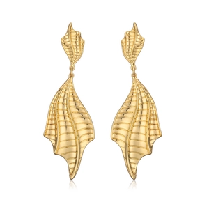 Textured 18K gold maple leaf drop earrings with metallic finish and elegant vertical design