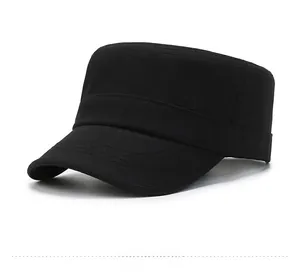 Detail view of the black cadet cap showing reinforced stitching on the brim and cotton texture