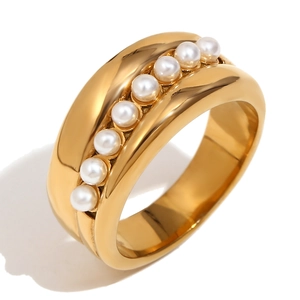 Elegant 18K gold plated stainless steel wide ring featuring a row of white pearls