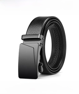 Detail view of black lychee grain leather belt with matte black automatic slide buckle