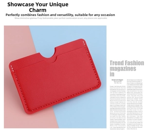 Close-up of a red ultra-thin card holder with lychee texture and white contrast stitching