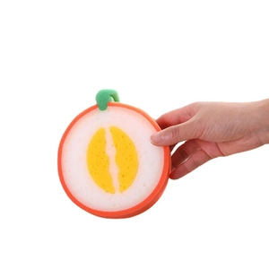 Thick fruit-shaped cleaning sponge for dishwashing with orange and green citrus design