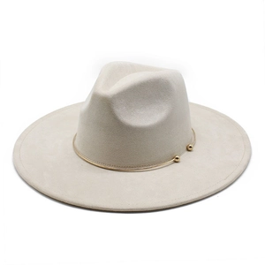Elegant oatmeal beige suede fedora hat with wide brim and gold metal beaded trim