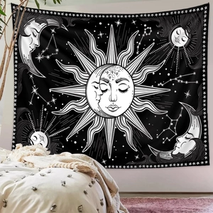 Detailed astrology wall tapestry featuring sun, moon, and constellation symbols