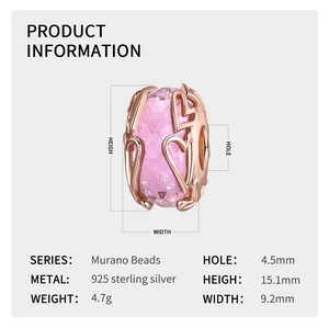 Detailed specs of pink Murano glass heart bead in S925 silver with 4.5mm hole size