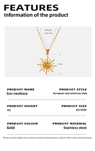 Spécifications de taille du collier pendentif soleil en acier inoxydable plaqué or 18K