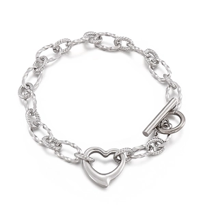 Silver stainless steel toggle bracelet with heart pendant and twisted link chain