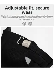 Detail of black baseball cap with adjustable silver metal buckle and breathable fabric
