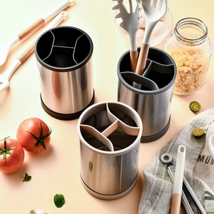 Rotating stainless steel kitchen utensil holder in black, gray, and beige colors