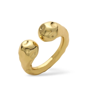 Detailed view of golden open ring featuring a molten metal texture and irregular relief