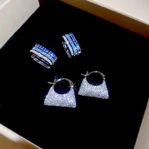 Geometric Hoop Earrings For Women With Zircon Inlaid Copper Luxury Minimalist Bag Shape Design Silver Earring Post