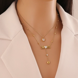 Double Layer Necklace Stainless Steel Heart MOM Letter Pendant Zircon Inlaid Fashion Jewelry Mother Day Gift For Women