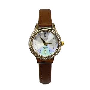 Elegant women's quartz watch with brown leather strap and gold diamond-encrusted case