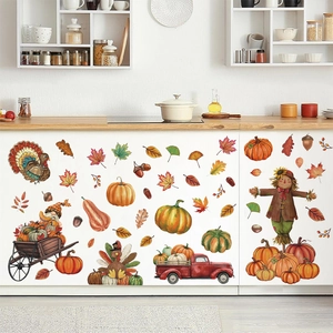 Fall window stickers with maple leaves and pumpkins for Thanksgiving home decoration