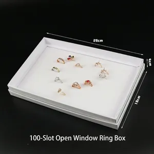 White 100-slot jewelry ring display box with transparent window and 29x19x4cm frame