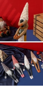 Detail view of Nordic Christmas gnome wine bottle covers in four festive colors