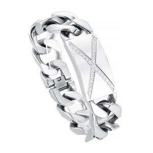 Bracelet cubain pour homme en acier inoxydable argenté avec plaque sertie de diamants en X
