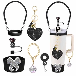 Black Stanley cup accessory set with heart keychain diamond straw cover and handle strap