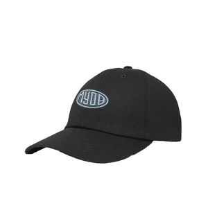 Minimalist black baseball cap with MYDB oval embroidery on white background