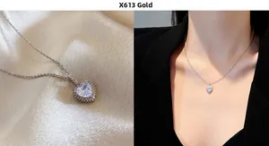Detail view of heart pendant necklace with white zircon and model wearing it in black dress